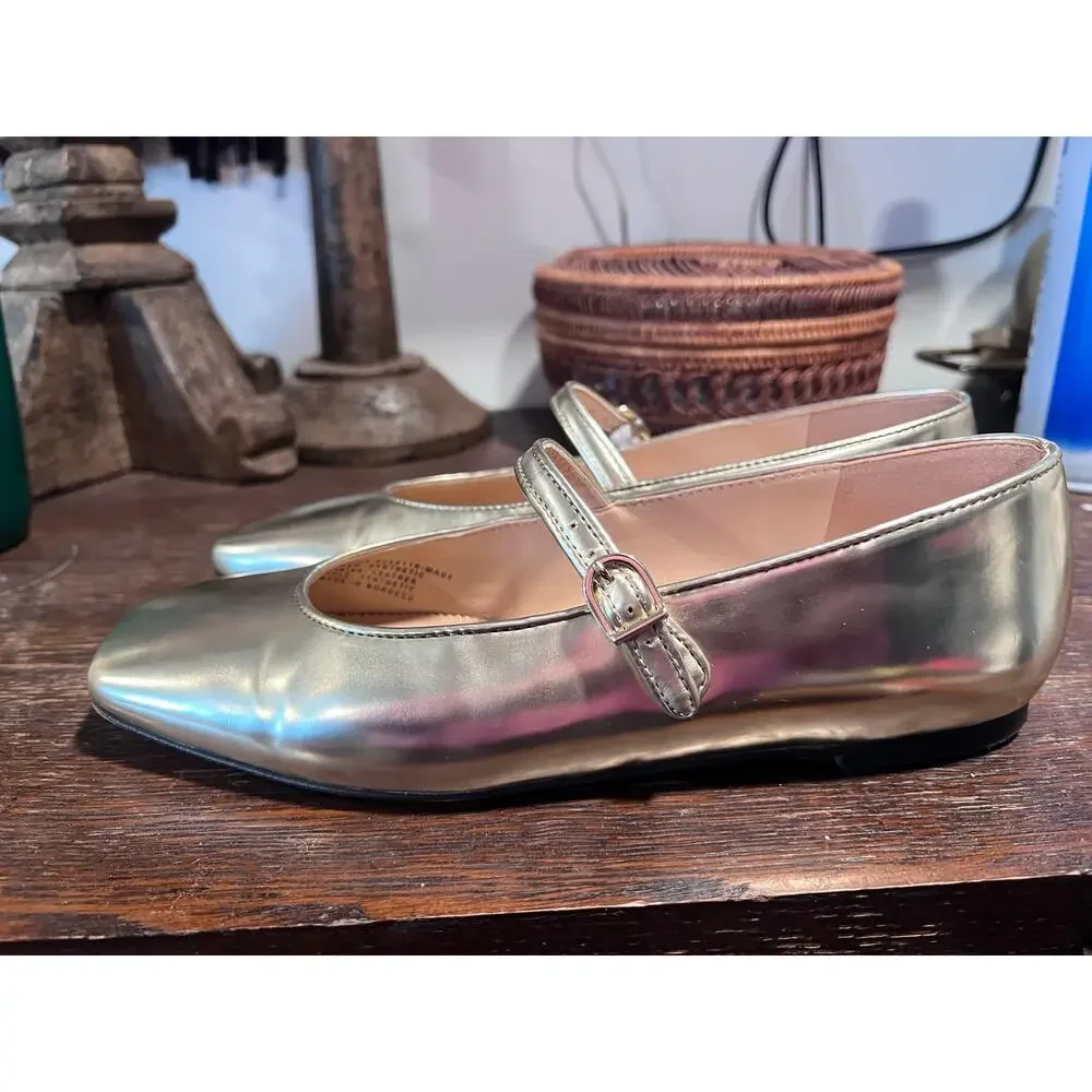 J.Crew Square Toe Mary Jane Shoes - Metallic Soft Gold Ballerina Flats - Sz 7